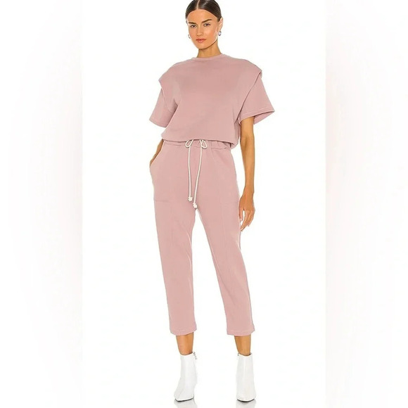 pistola Pants - Pistola Clarisse French  Terry Shoulder Pleat Jumpsuit in Cameo Pink, size XS